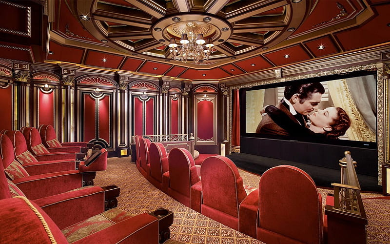 gone with the wind in a private theater, seats, private, theater, screen, HD wallpaper