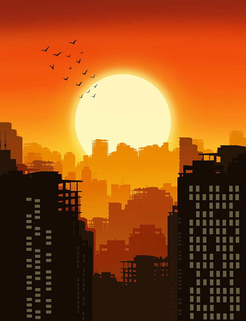 city, buildings, silhouettes, sun, sunset, vector, art, HD phone wallpaper