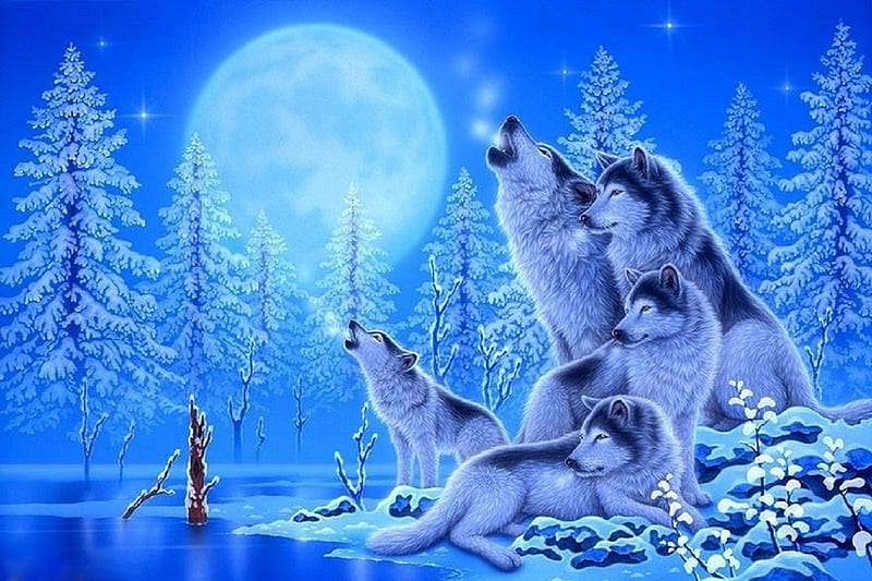 Winter Wolves Family, moons, family, white trees, love four seasons, winter, paintings, snow, wolves, dogs, animals, HD wallpaper