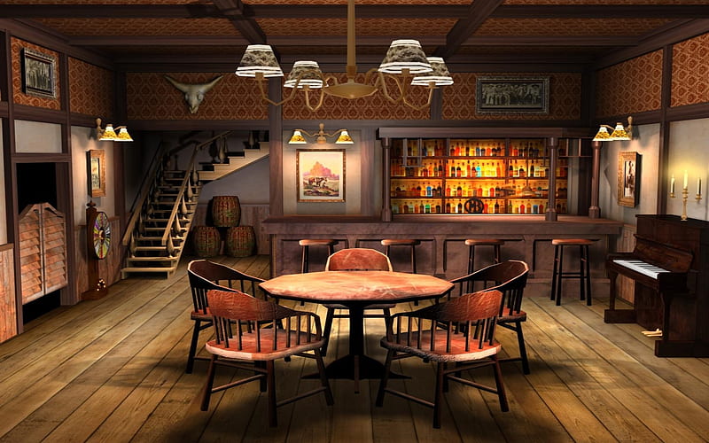 Saloon Interior, poker table, bar, interior, booze, piano, saloon, cool, old west, room, HD wallpaper