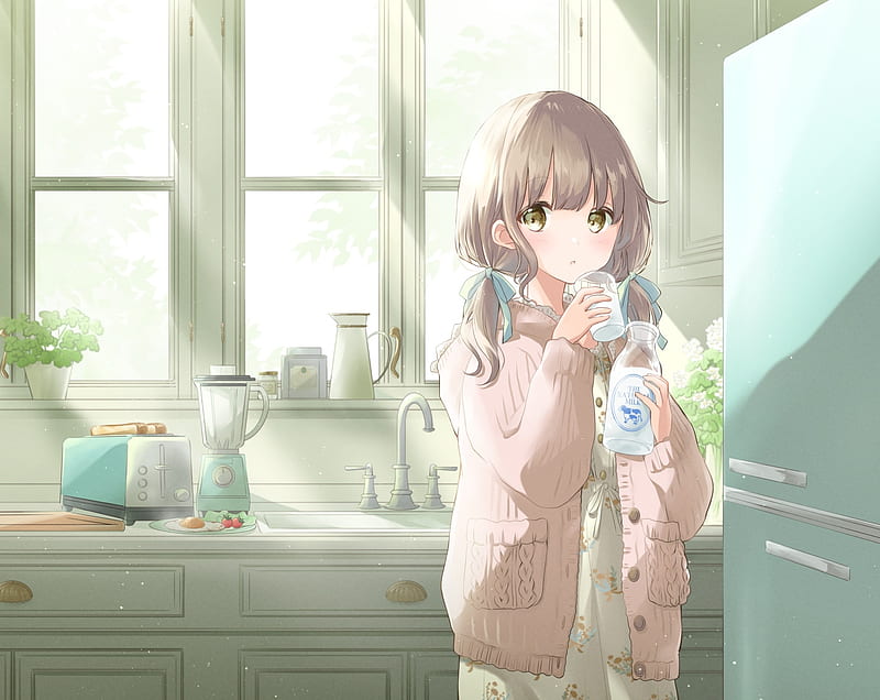 kitchen, cute anime girl, twintails, drinking milk, morning, Anime, HD wallpaper
