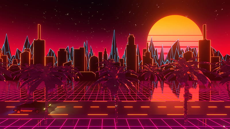 Palm Trees Buildings Yellow Red Moon Sky Background Synthwave, HD wallpaper