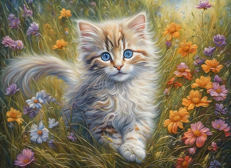 Kitten on the flowery meadow, szines viragok, viragos ret, haziallat, cica, nezes, kek szemek, HD wallpaper