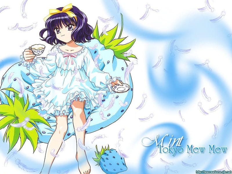 Mew Mew Minto, strawberry, mew mew power, plumes, tea, bird, minto, tokyo mew mew, anime, blue, HD wallpaper