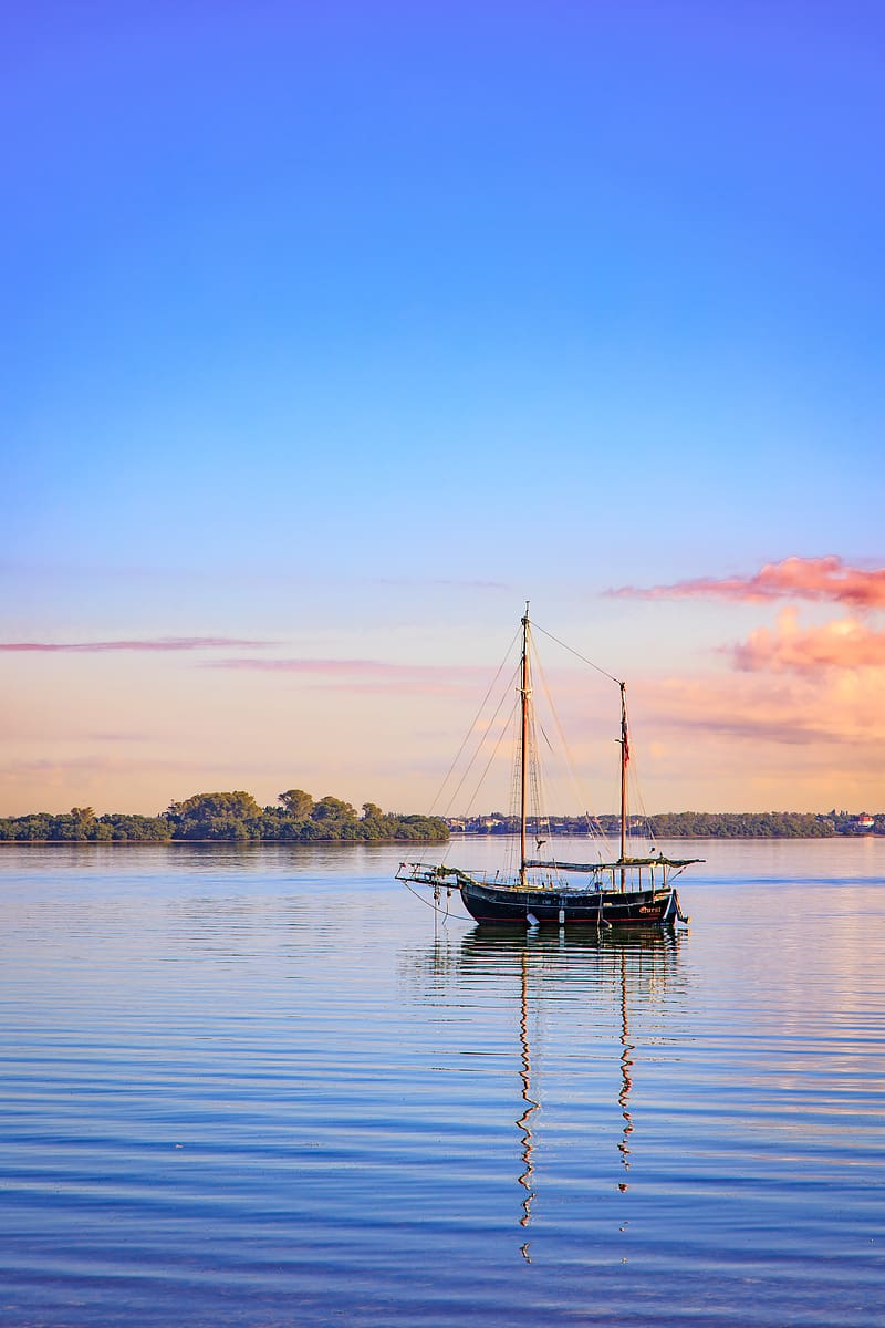 boat, masts, lake, trees, HD phone wallpaper