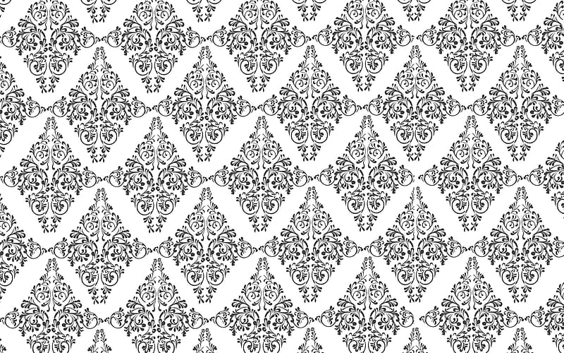 floral seamless texture, white background, vintage ornaments texture, black ornaments, seamless floral pattern, HD wallpaper