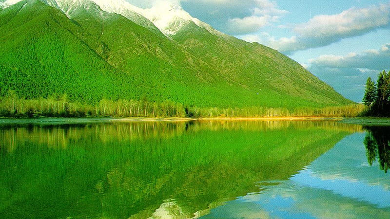 Green Covered Mountain With Reflection On River Under Blue Cloudy Sky Nature, HD wallpaper