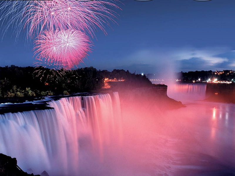 Fireworks over the Falls, night, waterfalls, fireworks, colored lights, HD wallpaper