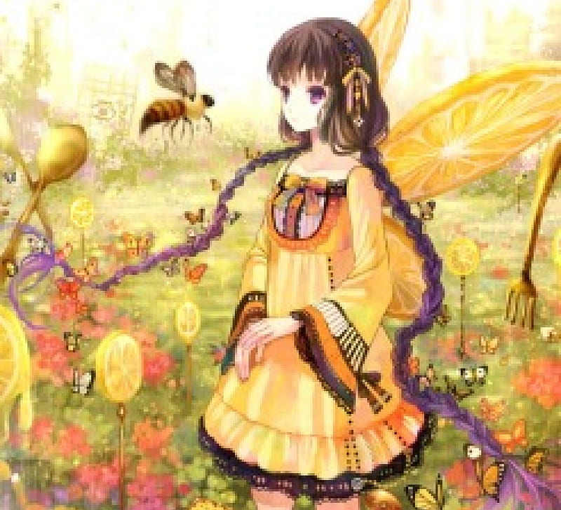 Spring, wings, manga, black, yellow, bell, bee, girl, anime, flower, white,  fairy, HD wallpaper | Peakpx