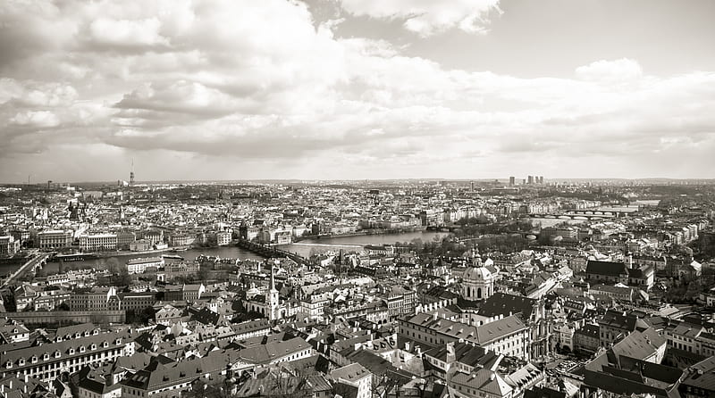 Prague City View Black-White Ultra, Black and White, city, prague, chech, czechrepublic, europe, aerial, view, HD wallpaper