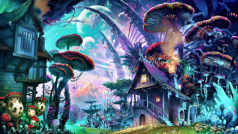 Art Of Mushrooms House And Trees Trippy, HD wallpaper