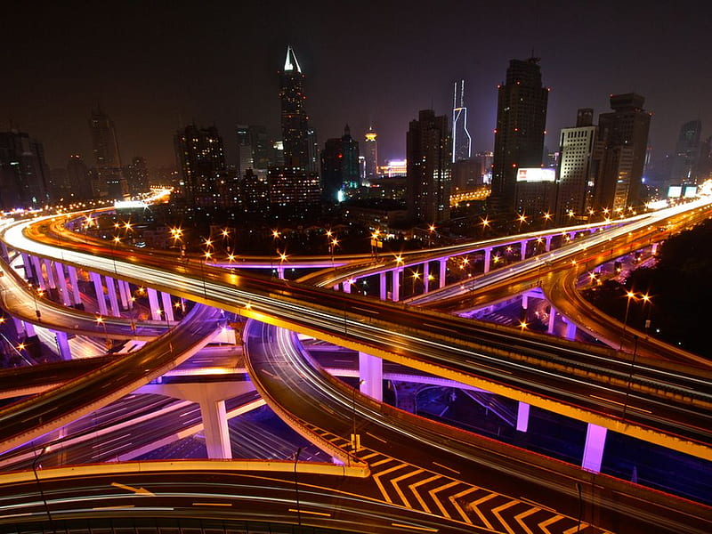 Shanghai Highways @ Night, highway, architecture, overpasses, night, HD wallpaper