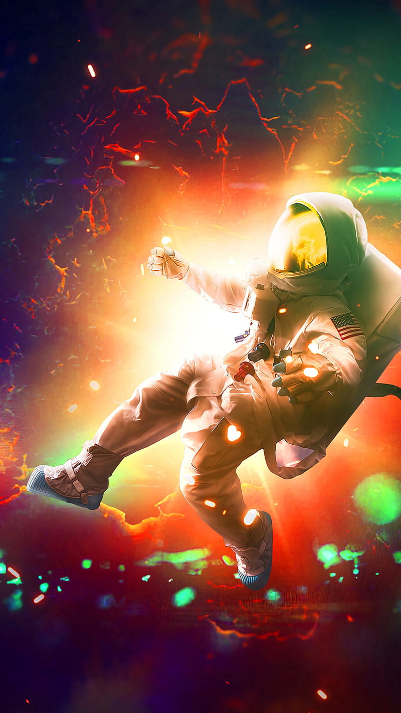 Astronaut Bright , sparks, colorful, flash, space, universe, space suit, red, HD phone wallpaper