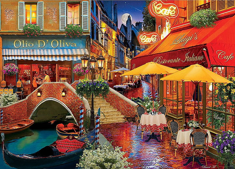 It's Amore, canal, bridge, restaurant, houses, venice, umbrellas, tables, artwork, boat, painting, chairs, HD wallpaper