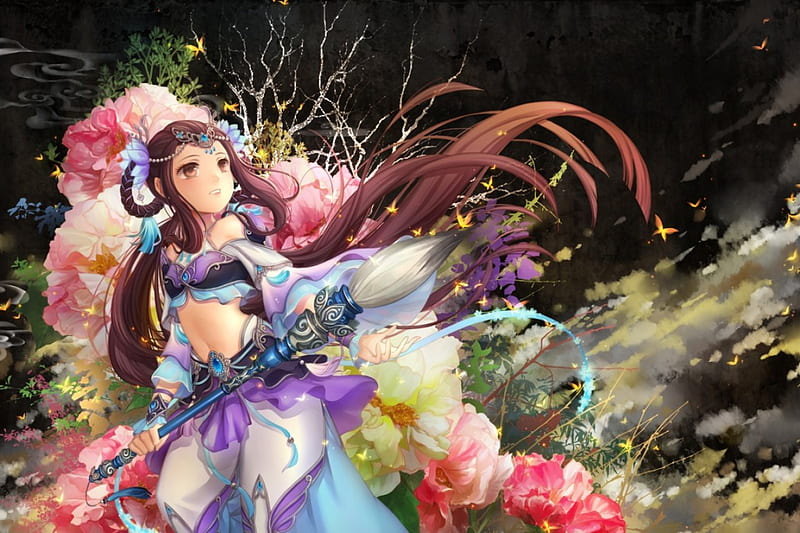 Pour Ink, pretty, colorful, colourful, bonito, magic, brush, floral, peonies, sweet, peony, nice, fantasy, multicolor, anime, color, hot, beauty, anime girl, long hair, blososm, female, lovely, brown hair, multicolour, sexy, girl, oriental, flower, colour, chinese, lady, HD wallpaper