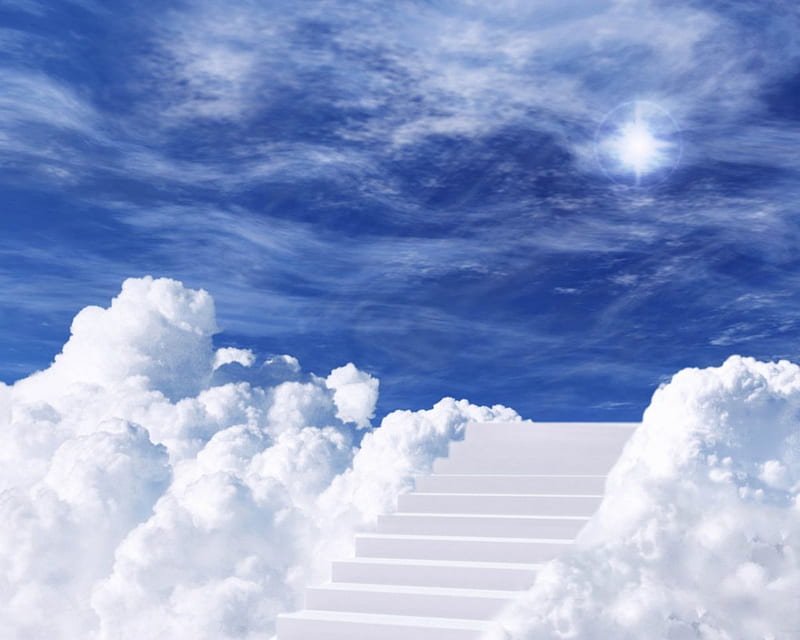 Magical place, magical, stairs, sky, clouds, HD wallpaper