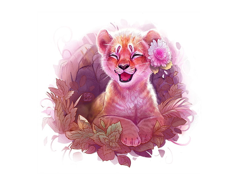 Tiger cub, cute, flower, cub, tigru, tiger, puffigator, pink, HD wallpaper