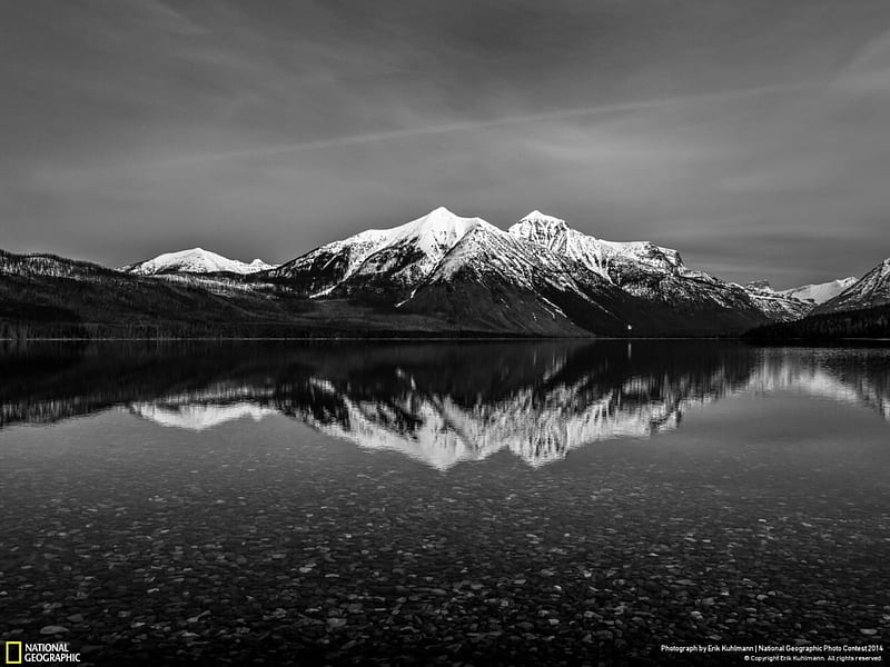 Lake McDonald, lakes, glacier, black and white, national geographic, park, sky, clouds, mountains, national park, nature, reflection, HD wallpaper