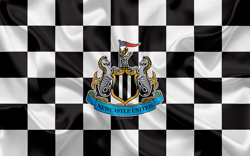 Newcastle United FC logo, creative art, black and white checkered flag, English football club, Premier League, emblem, silk texture, Newcastle upon Tyne, United Kingdom, England, HD wallpaper