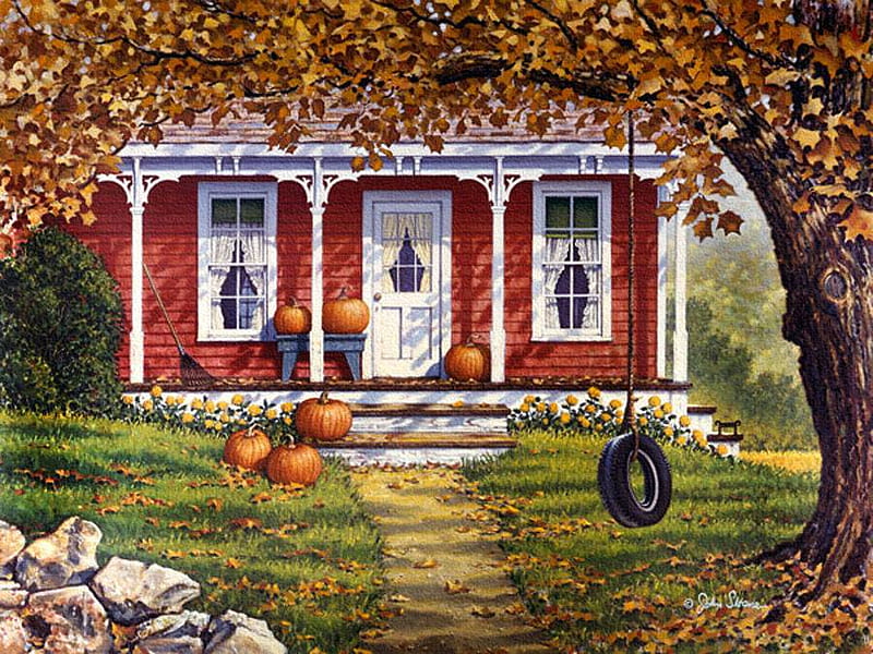 John Sloane. Autumn Shadows, art, house, john sloane, pumpkin, painting, HD wallpaper