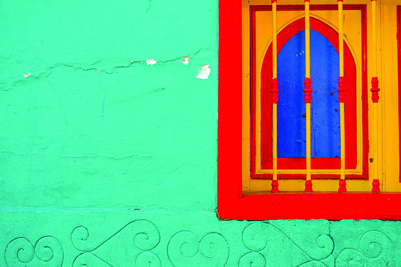 yellow and red window along on green painted wall, HD wallpaper