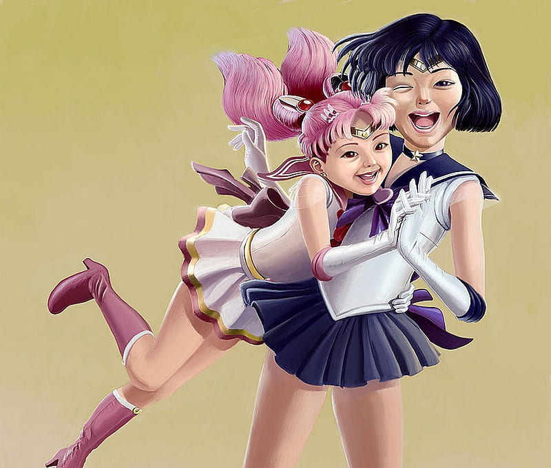 Chibimoon And Sailor Saturn, anine, hugging, laughing, girls, chibimoon, sailor saturn, HD wallpaper