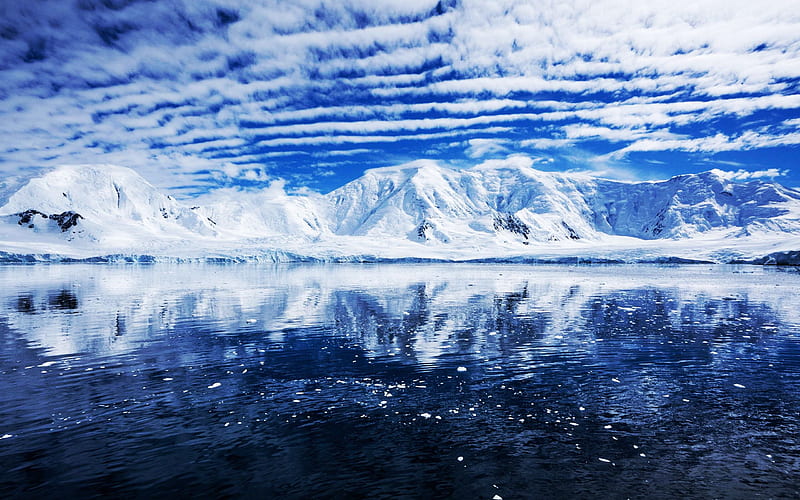 Summer glass in the Antarctic Peninsula, water, clouds, landscape, mountains, frosty, HD wallpaper