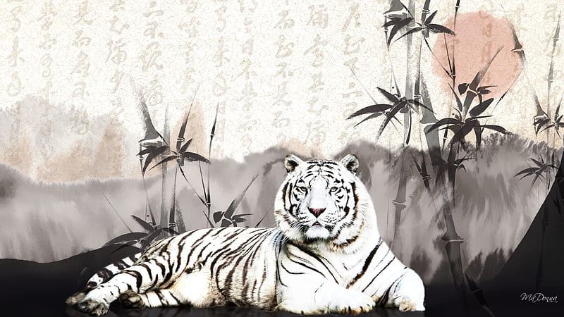 Oriental White Tiger, white tiger, firefox persona, tiger, cat, moon, mountains, oriental, bamboo trees, writing, HD wallpaper