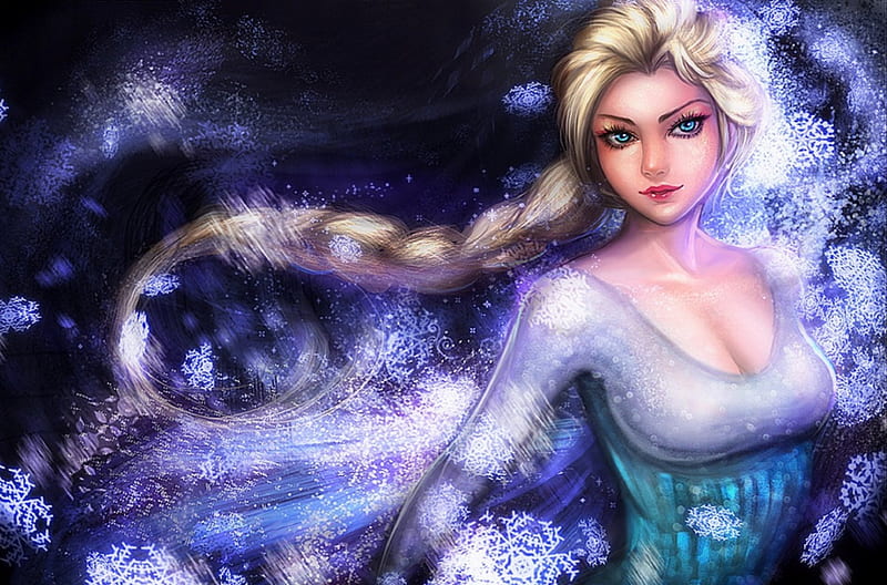 Queen in Frozen, artistic, pretty, books, queen, novels, bonito, hair, paintings, beautiful girls, 3D and CG, girls, drawings, blue, female, lovely, colors, love four seasons, creative pre-made, lips, fan art, purple, snow, snowflakes, weird things people wear, eyes, Elsa, HD wallpaper
