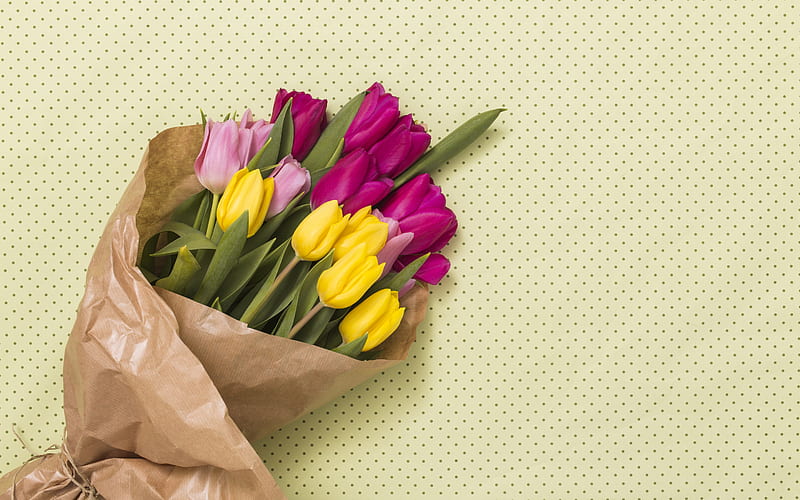 bouquet of yellow and purple tulips, spring bouquet, beautiful flowers, tulips, spring flowers, yellow tulips, purple tulips, HD wallpaper