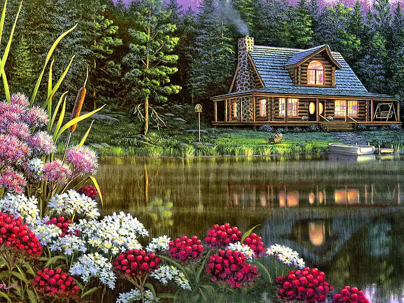Beside still waters, colorful, house, riverbank, shore, cottage, home, cabin, bonito, villa, lights, still waters, nice, boat, dock, flowers, river, reflection, forest, quiet, lovely, still, place, trees, lake, water, serenity, summer, HD wallpaper