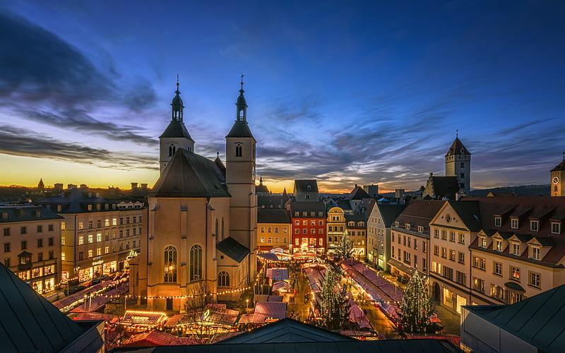 Regensburg, Neupfarrplatz, evening, sunset, church, square, Regensburg cityscape, Bavaria, Germany, HD wallpaper