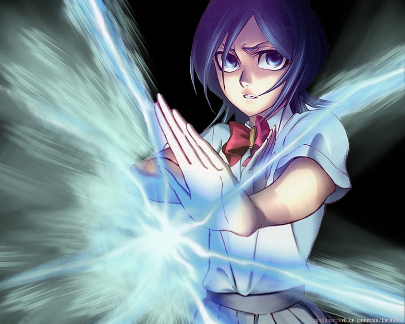Rukia's Bakudo, bleach, bow tie, kuchiki rukia, short hair, blue hair, uniform, anime, anime girl, blue eyes, rukia, HD wallpaper