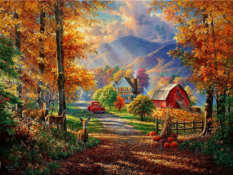 Fall Memories, autumn, sunrays, car, painting, trees, barn, deer, artwork, HD wallpaper
