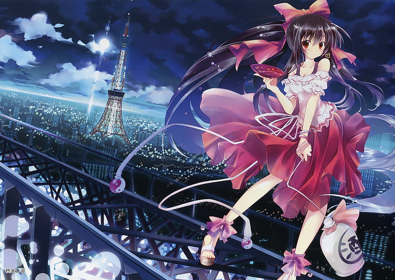 Hakurei Reimu, dress, sexy, tokyo tower, jewelry, breasts, cool, touhou, hair bow, hot, sandals, long hair, red eyes, black hair, pony tail, HD wallpaper