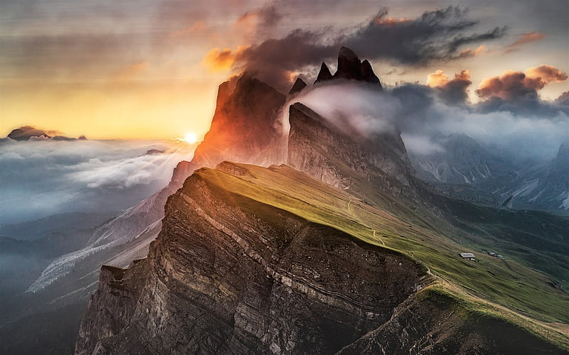 sunset, dolomites, fog, mountains, italy, HD wallpaper