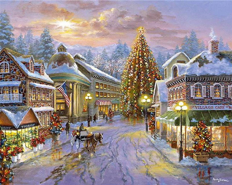 Christmas Village, christmas tree, roads, snow, stores, HD wallpaper