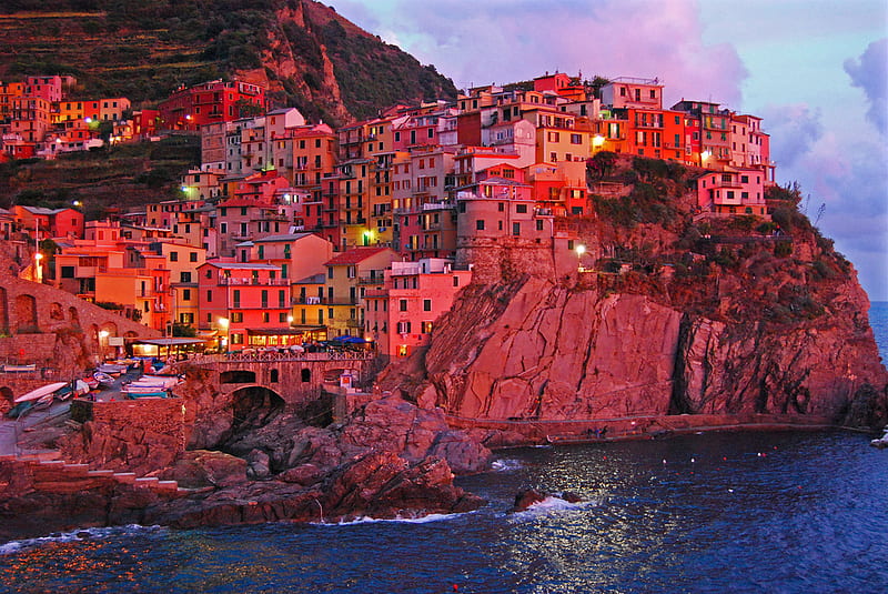 Bella Italia, architecture, red, amazing, places, bella, bonito, abstract, sea, city, water, manarola, italy, HD wallpaper