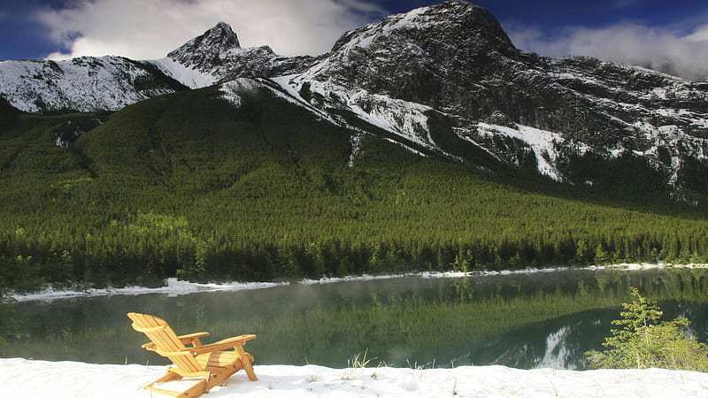 front row seat at a landscape, mountain, river, chair, snow, HD wallpaper