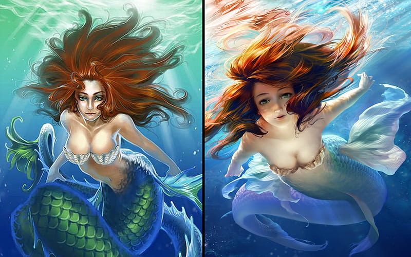 Mermaids, luminos, redhead, st cygnus, collage, fantasy, water, girl, green, summer, blue, HD wallpaper