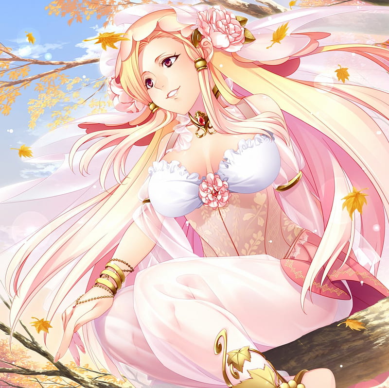 Goddess of Fertility Brigid, flow, veil, sweet, nice, anime, blowing, beauty, anime girl, realistic, lovely, gown, wind, leave, blonde, sexy, windy, maiden, long ahir, dress, blond, bonito, sublime, blossom, hot, pink, gorgeous, female, blow, blonde hair, girl, flower, petals, lady, angelic, HD wallpaper