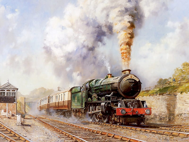 The Royal Duchy, painting, railway, steam, train, HD wallpaper