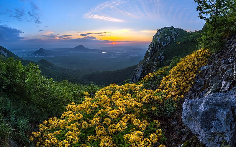 Caucasus Landscape, Russia, Russia, Caucasus, mountains, flowers, sunset, landscape, HD wallpaper