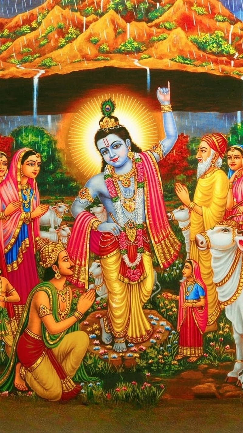 Krishna Bhagwan Ke, Lifting Govardhan, lord, god, lord krishna lifting govardhan, HD phone wallpaper