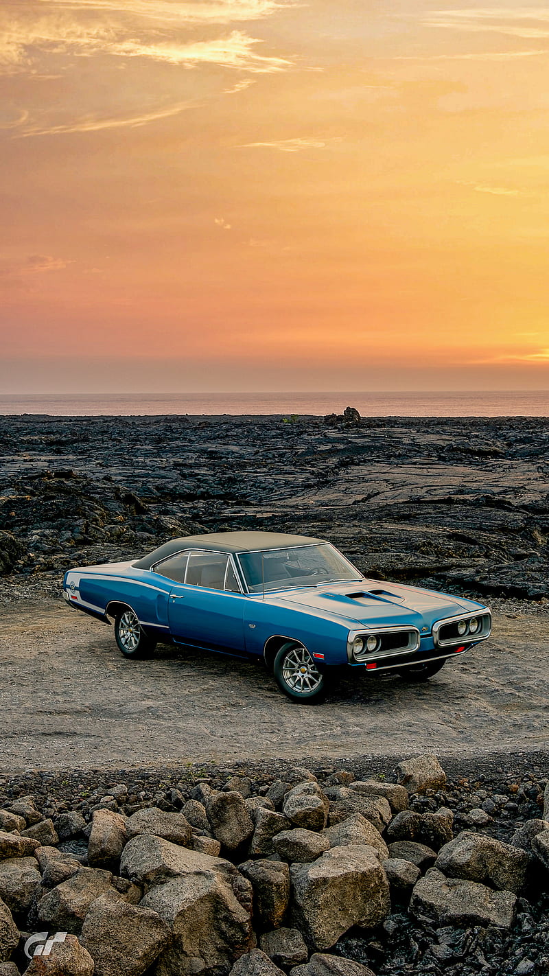 Muscle car Wallpaper 4K, Retro, Vintage car, Sunset, Neon