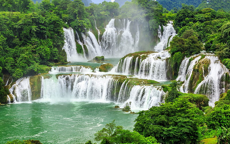 mountain waterfall, rainforest, highlands, China, green trees, nature, lake, HD wallpaper