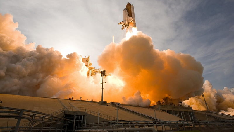 fantastic shuttle launch, fire, pad, smoke, launch, shuttle, HD wallpaper