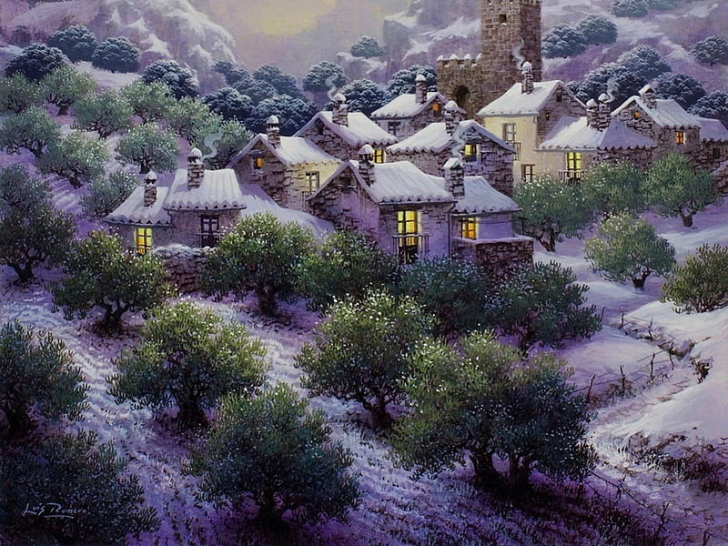 Snowy Hamlet, hamlet, snow, houses, village, trees, winter, HD wallpaper
