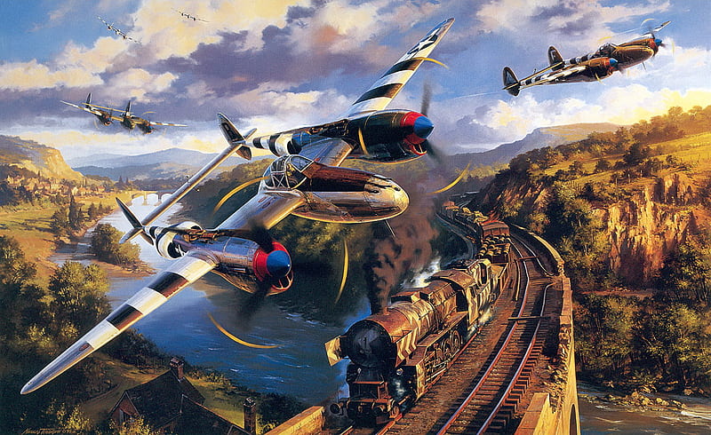 Train Attack, art, p-38, ww2, airplane, plane, train, lightning, lockheed, wwii, drawing, painting, p38, HD wallpaper