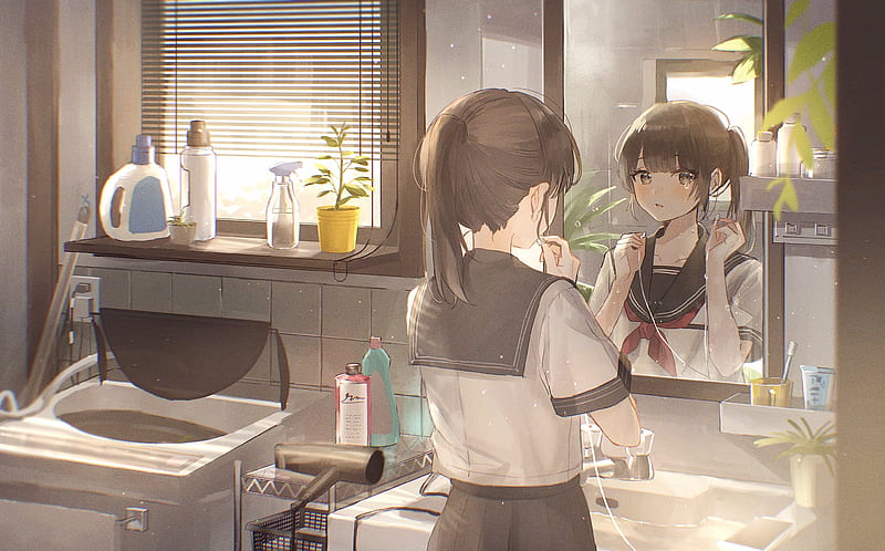 anime school girl, crying, teary eyes, mirror, school uniform, brown hair, Anime, HD wallpaper